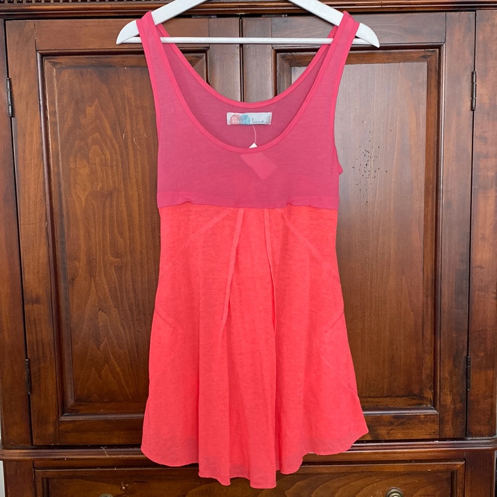 Free People FP Beach Two Tone Tank Dress magenta and neon pocket raw hem slubby